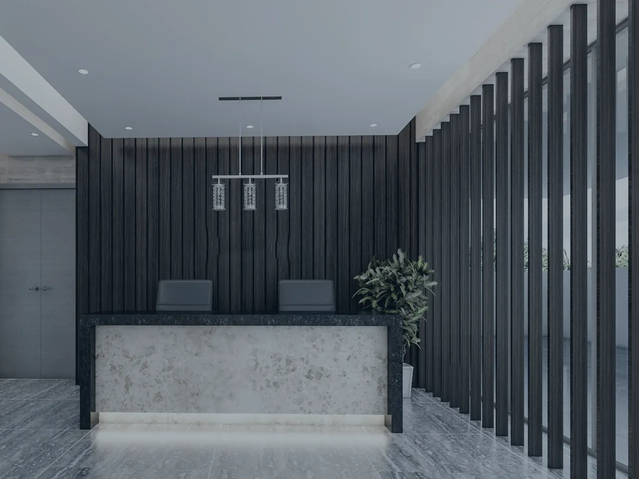 A commercial building reception area with a controlled entrance and lift lobby beyond